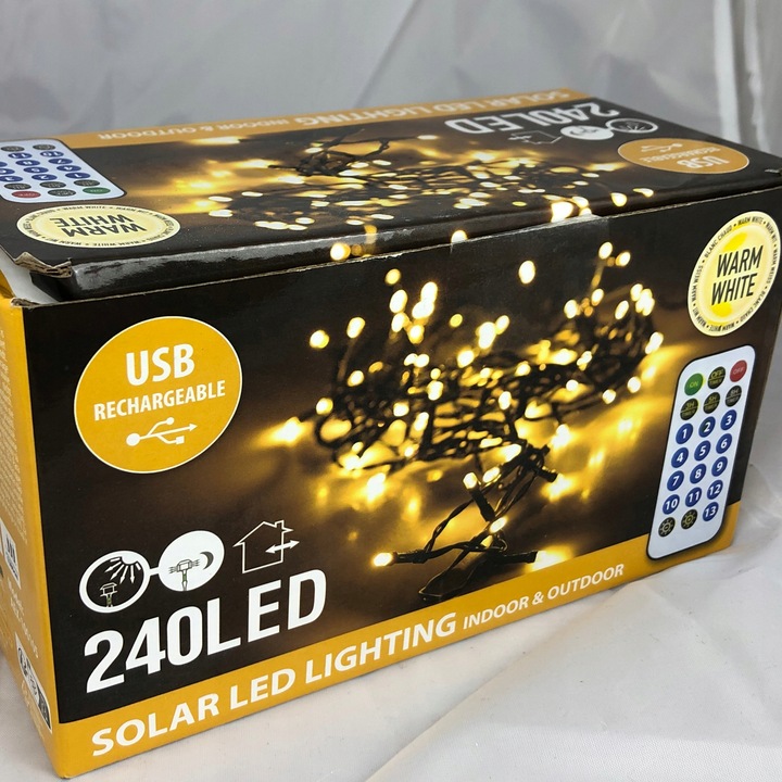 Lampki choinkowe 2w1 SOLARNE + AKUMULATOR 240 LED ciepłe 13 programów 11m