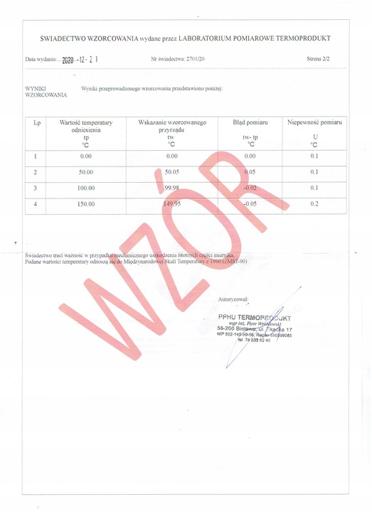 Świadectwo wzorcowania bez znaku PCA