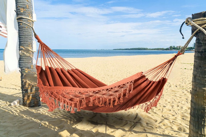 DUŻY DWUOSOBOWY MOCNY HAMAK OGRODOWY BOHO MAKRAMA MIDAS 150x200 XXL KARMEL