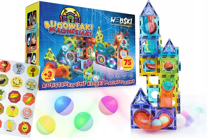 ZESTAW DLA DZIECKA KLOCKI MAGNETYCZNE TOR 75 ELEMENTÓW KONSTRUKCYJNE GRA