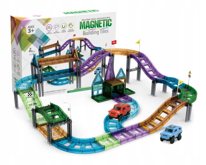 KLOCKI MAGNETYCZNE DLA DZIECI EDUKACYJNE PANELE KOLEJKA TOR + 2 AUTKA 59 EL