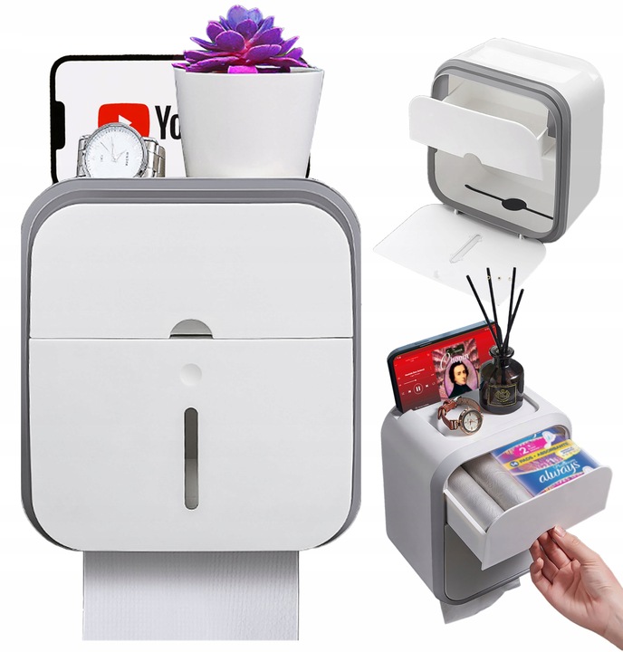 UCHWYT POJEMNIK NA PAPIER TOALETOWY + SZUFLADKA NA CHUSTECZKI PÓŁKA WC