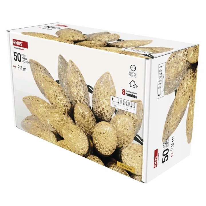 Lampki choinkowe LED szyszki 50 LED 9,8 m ciepła biel 8 programów IP44 EMOS