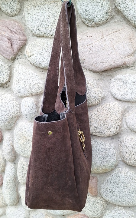 Torebka WłoskaZAMSZOAWA worek SKÓRA NATURALNA Vera Pelle CZEKOLADOWA