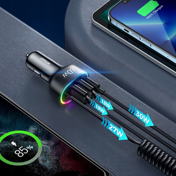 JOYROOM ŁADOWARKA SAMOCHODOWA 2x USB 1x USB C Z KABLEM USB C DO SAMOCHODU