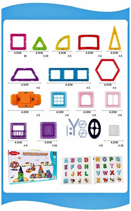 KLOCKI MAGNETYCZNE KONSTRUKCYJNE 3D ZESTAW 128 ELEMENTÓW DLA DZIECKA