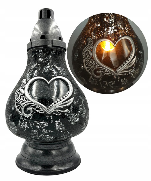 Znicz Szklany Karafka Witraż Mozaika Serce Czarno-Srebrny 38cm Lampion