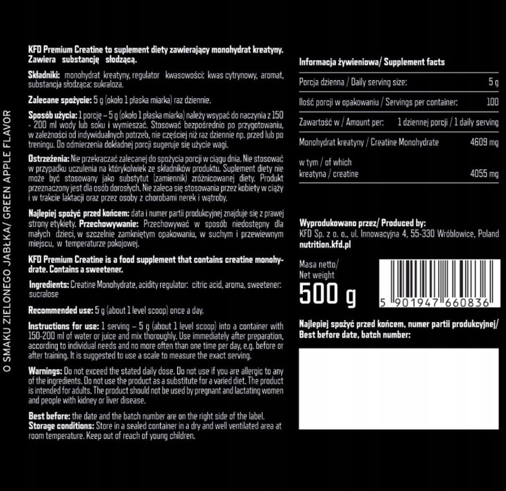 KFD PREMIUM CREATINE 500g KREATYNA MONOHYDRAT ZIELONE JABŁKO DLA SPORTOWCÓW