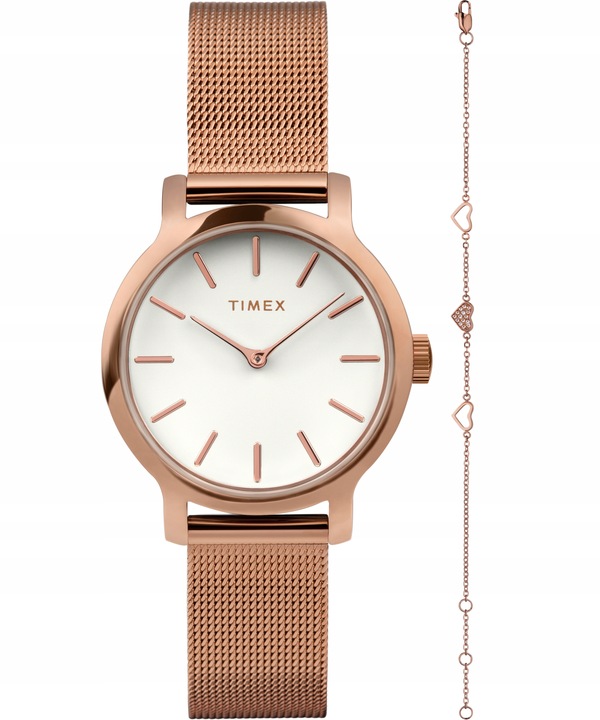Zegarek damski złoty Timex bransoletka z dodatkową biżuterią w zestawie