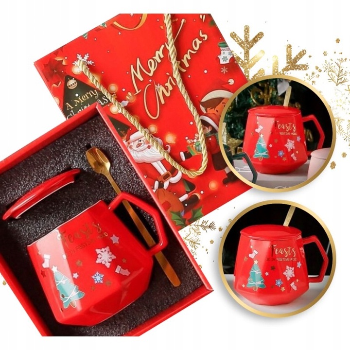 KUBEK ŚWIĄTECZNY - zestaw z pokrywką i łyżeczką 250 ml, Czerwony