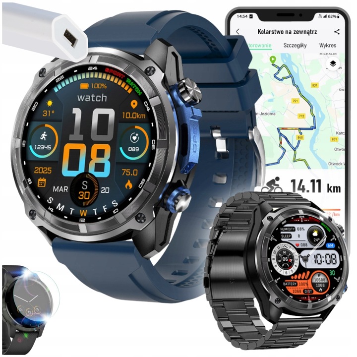 Smartwatch Męski - Zegarek Menu PL GPS Amoled Dyktafon Wodoodpony - 860mAh