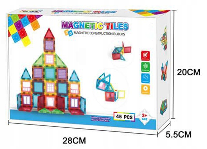 KLOCKI MAGNETYCZNE 3D konstrukcyjne DUŻE EL. Zestaw 45 el. Magnetic Tiles