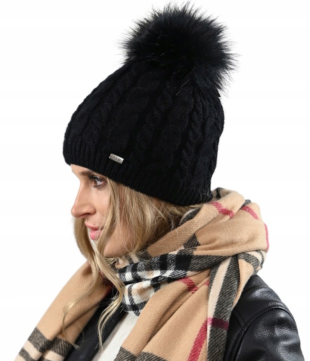Czapka damska zimowa Ciepła dwuwarstwowa z polarem Pompon POLSKA Produkcja