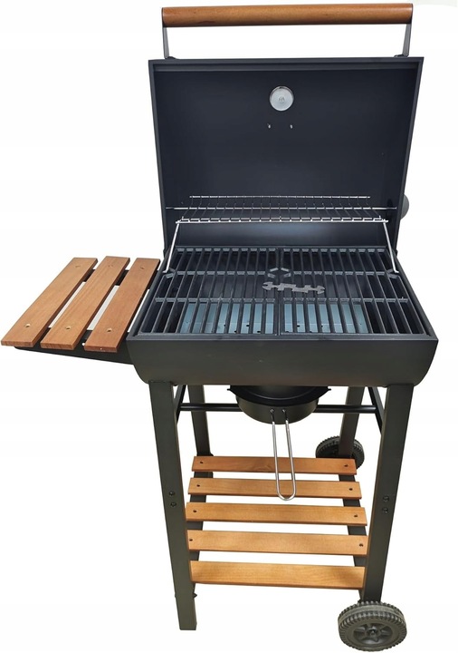 Grill węglowy na kółkach beczka otwierany z rusztem żeliwnym termometr stal