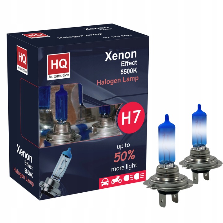 ŻARÓWKI H7 12V 55W XENON EFFECT HQ AUTOMOTIVE 5500K SUPER ZIMNE BIAŁE +50%