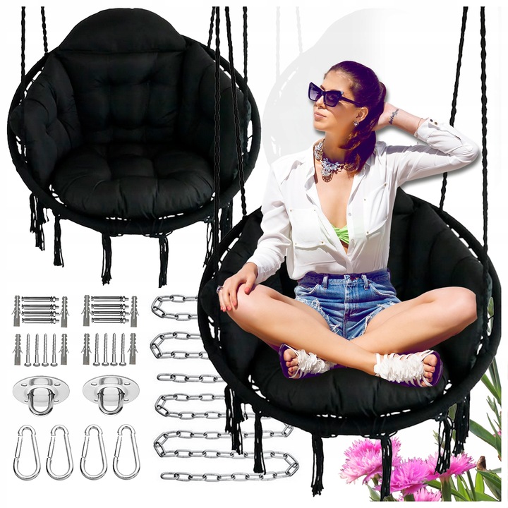 Czarna czarne Bocianie gniazdo huśtawka + PIKOWANA Poduszka XXL + 2 Zestawy