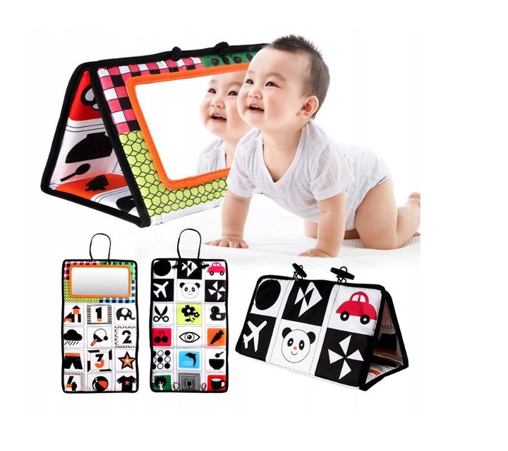 DUŻA KSIĄŻECZKA SENSORYCZNA Z LUSTERKIEM KONTRASTOWA MIĘKKA NAUKA WIDZENIA