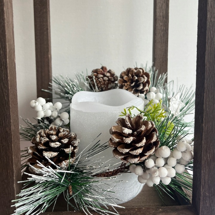 Lampion Drewniany Świąteczny Latarenka Ze Świecą Znicz TIMER 32cm