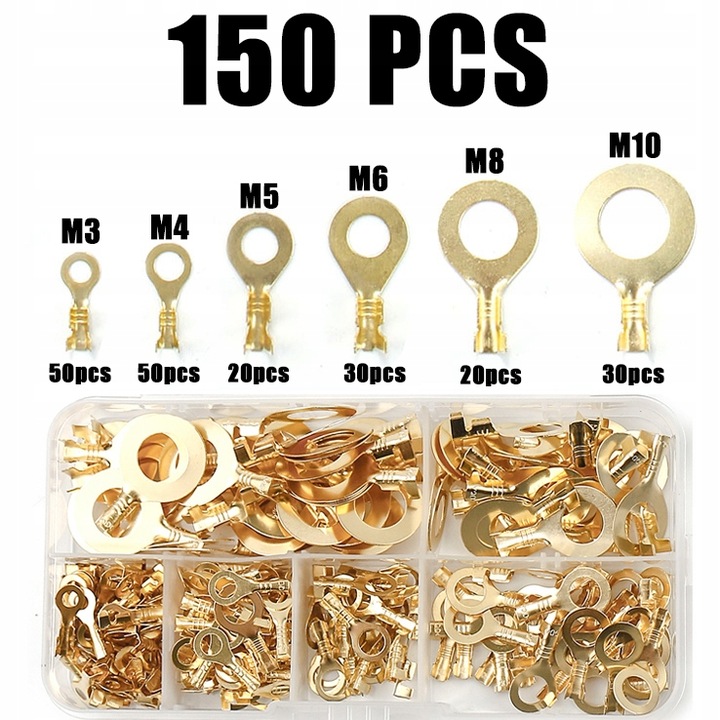 150 SZTUK Konektory Oczkowe Nieizolowane Kablowe Zestaw M3 M4 M5 M6 M8 M10