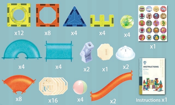 Świecące KLOCKI MAGNETYCZNE świecący tor kulkowy ZESTAW XL kulodrom 75 el.