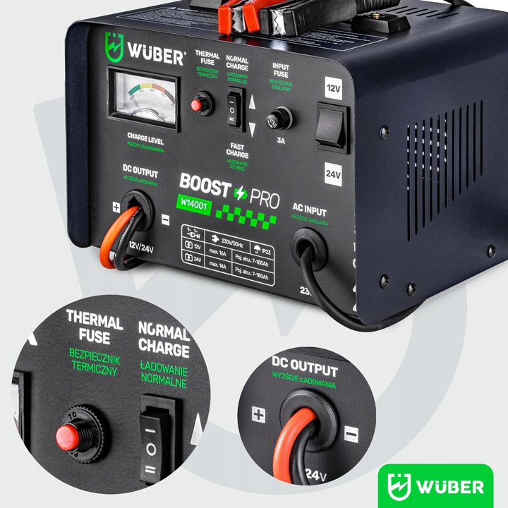 PROSTOWNIK AKUMULATOROWY 16A SAMOCHODOWY 7-180AH DO ŁADOWANIA 12V24V WUBER