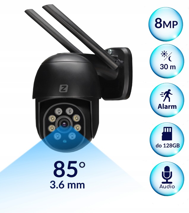 ZEWNĘTRZNA KAMERA OBROTOWA IP 8MPx UHD 2160p 4K WiFi CZARNA 4xZOOM