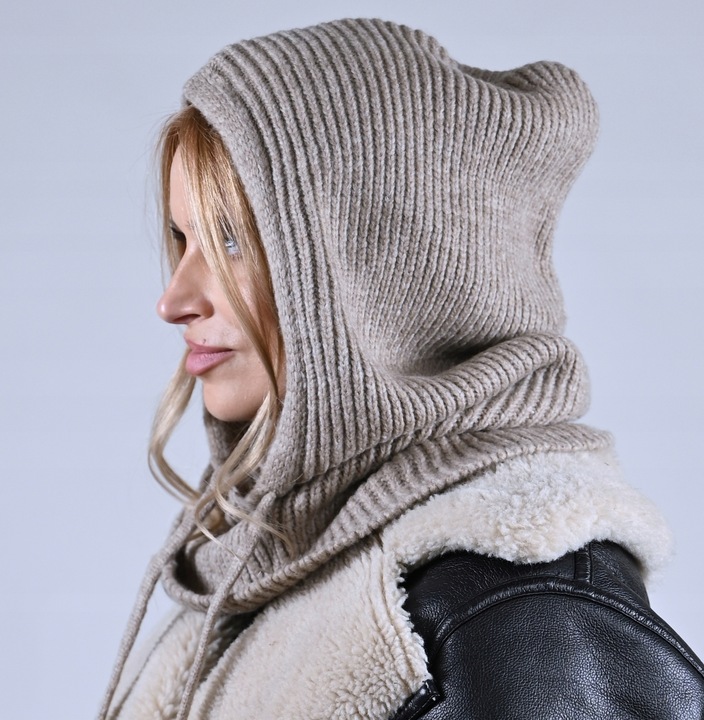 CZAPKA Kominiarka KAPTUR komin Balaclava damska ciepła miekka zimowa Latte