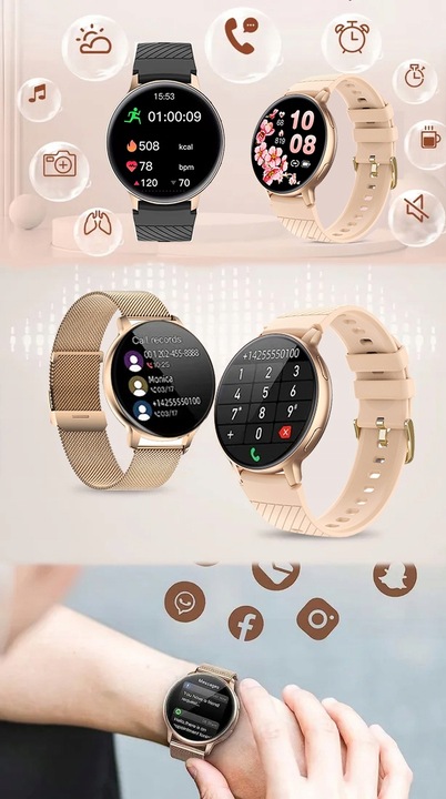 SMARTWATCH ZEGAREK DAMSKI POLSKIE MENU ROZMOWY WIADOMOŚCI 4 PASKI