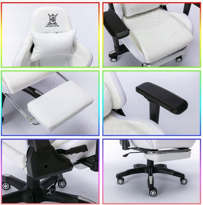 FOTEL GAMINGOWY BIUROWY WYGODNY KRZESŁO GRACZA OBROTOWY +RGB LED I PODNÓŻEK