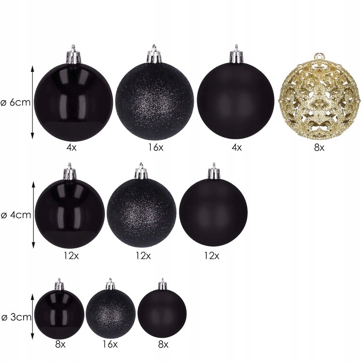 BOMBKI CHOINKOWE 100szt nietłukące ZESTAW XXL NA CHOINKĘ WZORY CZARNE ZŁOTE