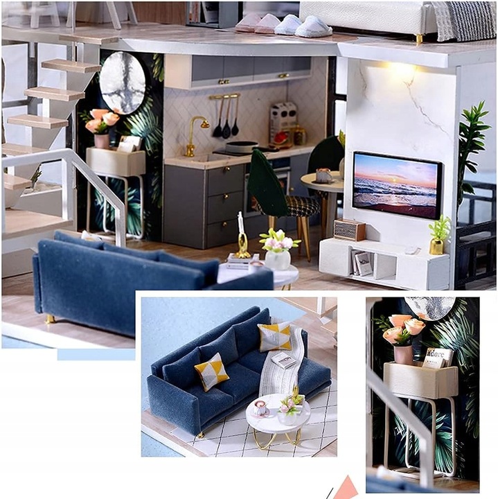 Domek dla Lalek Drewniany LED Piętrowy Retro Model do Złożenia DIY Meble