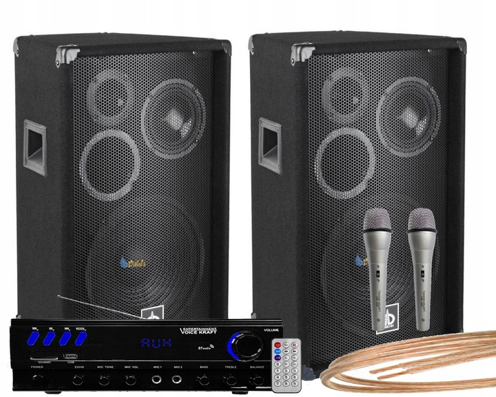 ZESTAW NAGŁOŚNIENIA 600W KOLUMNY GŁOŚNIKOWE + 2 MIKROFONY KARAOKE BLUETOOTH