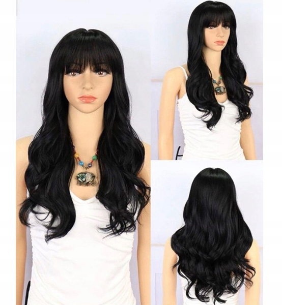 PERUKA DAMSKA WŁOSY DŁUGIE CZARNE FALE SZTUCZNE SYNTETYCZNE 65 CM Z GRZYWKĄ