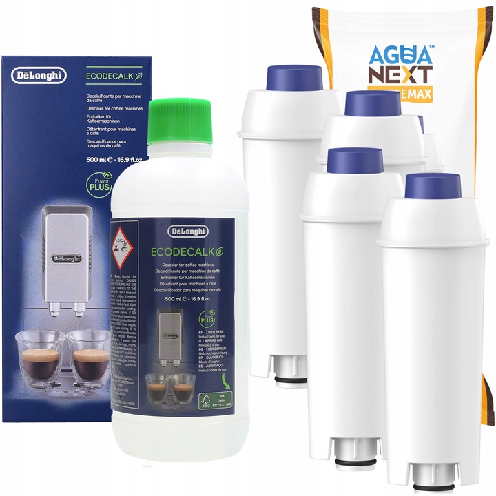 Odkamieniacz Delonghi + Agua Next filtr do wody do ekspres Delonghi 4 szt