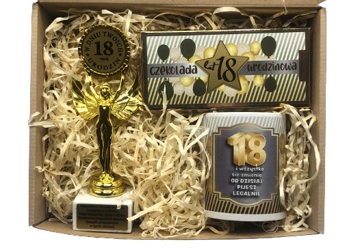 Prezent Na Urodziny 18-99 Zestaw Kosz Prezentowy Statuetka Kubek Czekolada
