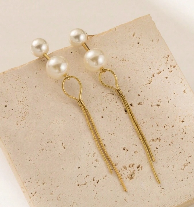 Kolczyki Sztyfty Kolor: Złote Perły Perełki Eleganckie Wiszące Retro 90mm