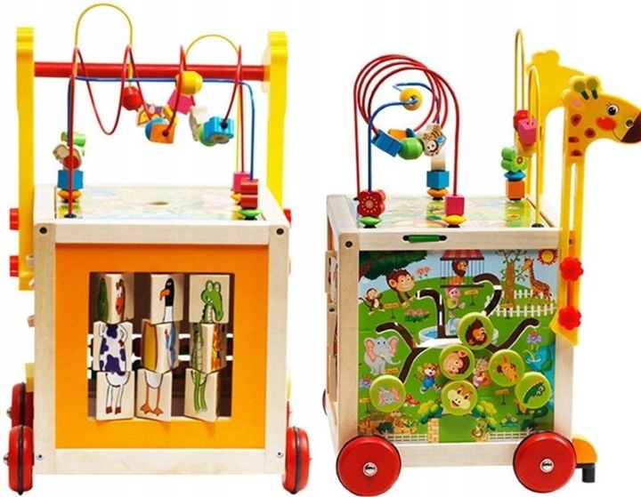 DUŻY DREWNIANY CHODZIK PCHACZ KOSTKA EDUKACYJNA 7w1 MONTESSORI + MULA