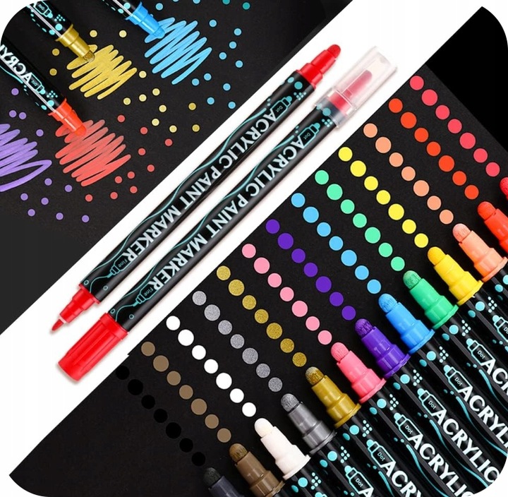 MARKERY AKRYLOWE PISAKI FLAMASTRY Z FARBĄ 36szt DWUSTRONNE WODOODPORNE