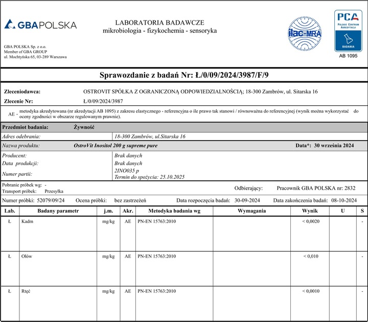 OstroVit Supreme Pure Inositol 200 g MIO-INOZYTOL WITAMINA B8 Bez dodatków