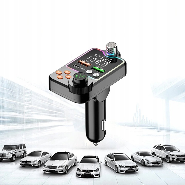 TRANSMITER BLUETOOTH SAMOCHODOWY BT 5.0 ŁADOWANIE QC 3x USB RGB AUDIO FM