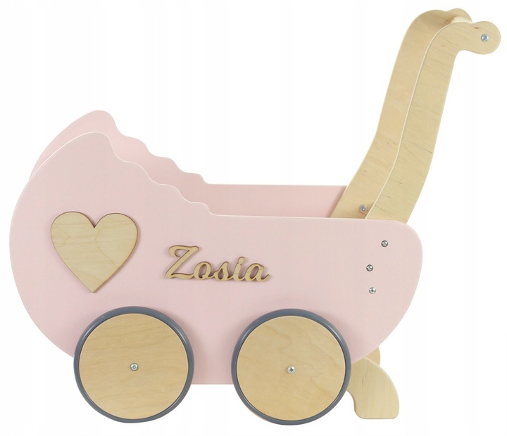 drewniany WÓZEK DLA LALEK + IMIĘ POŚCIEL stopery