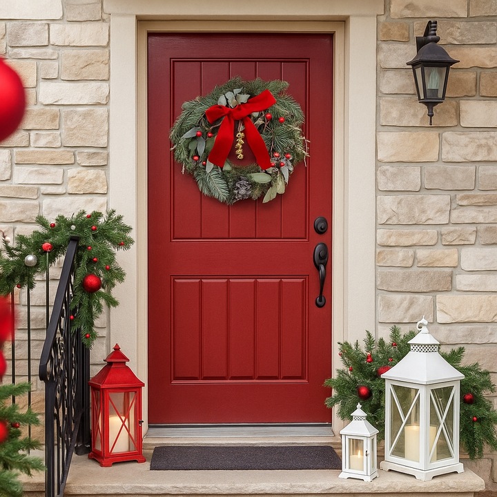 Wianek na drzwi świąteczny z czerwoną kokardą wieniec Altom Design 32 cm