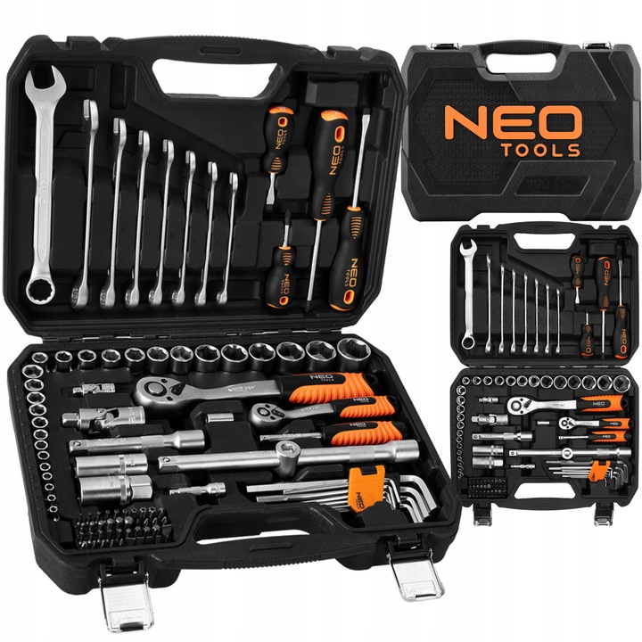 NEO TOOLS Zestaw Kluczy Nasadowych 100 el. 1/2" 1/4" Walizka Stal CrV