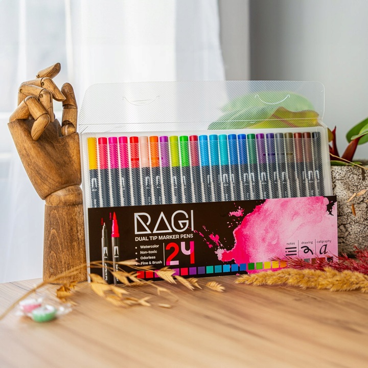 MARKERY AKWARELOWE 24 SZT MAZAKI PISAKI FLAMASTRY DWUSTRONNE WODNE ZESTAW