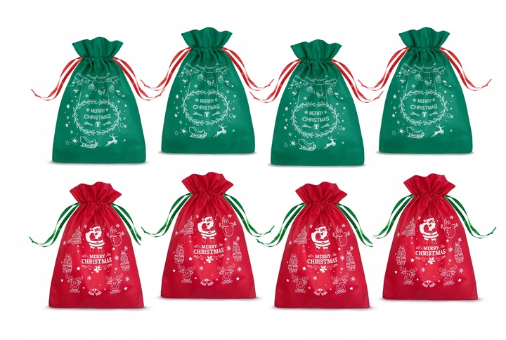 WOREK PREZENTY MIKOŁAJA świąteczny święta CZERWONY ZIELONY torebki 8szt