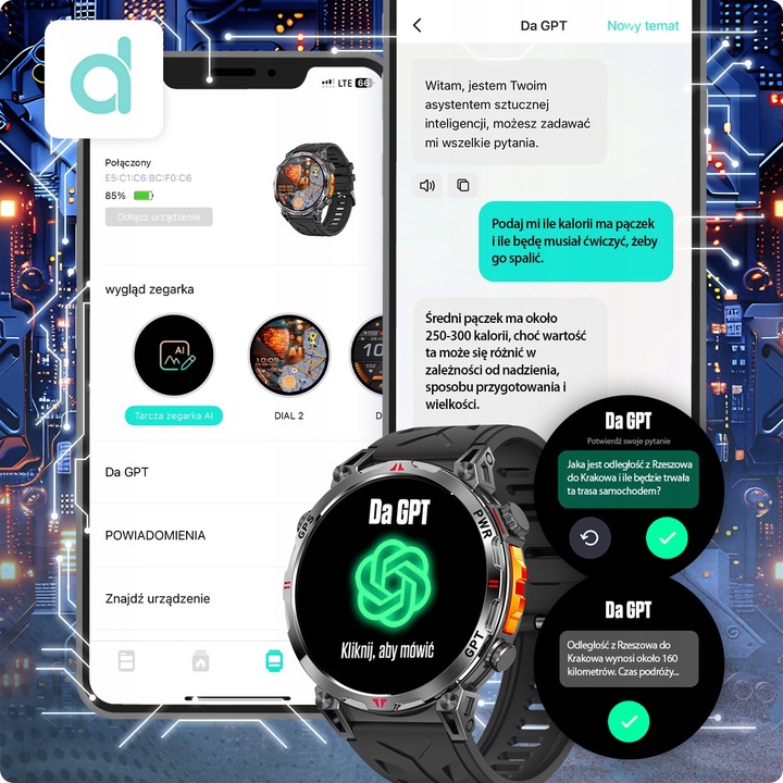 SMARTWATCH MĘSKI ZEGAREK CHAT GPT GPS ROZMOWY SPORT 650mAh 2 paski MENU POL