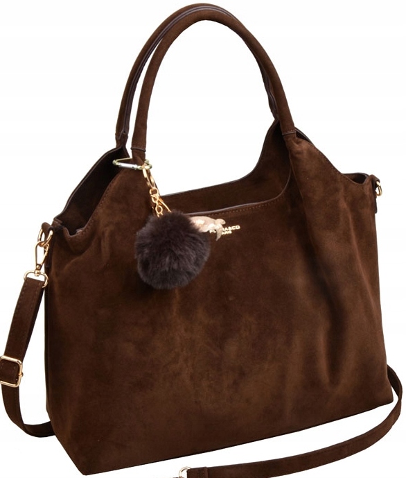Torebka Flora&Co czekoladowa SHOPPER eco zamsz z brelokiem pompon