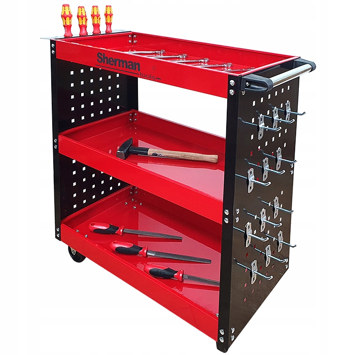 Wózek trzypółkowy warsztatowy narzędziowy 3PA cz ze ściankami Sherman