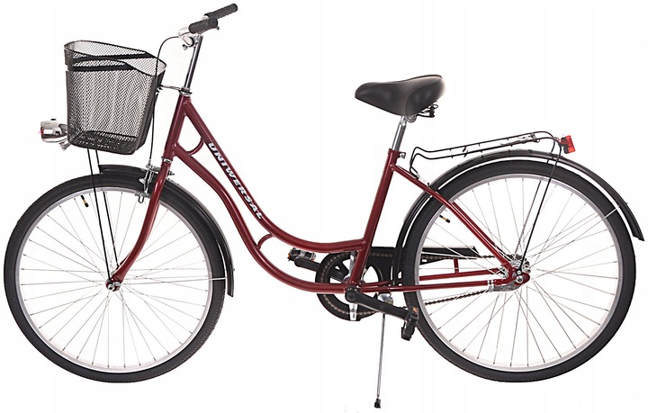 Rower Damski Damka Męski Miejski Retro Uniwersal 26 Kosz Bordowy