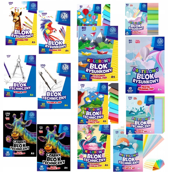 ASTRA ZESTAW BLOKÓW RYSUNKOWE, TECHNICZNE, BIAŁE KOLOROWE, BLOKI A4, A3